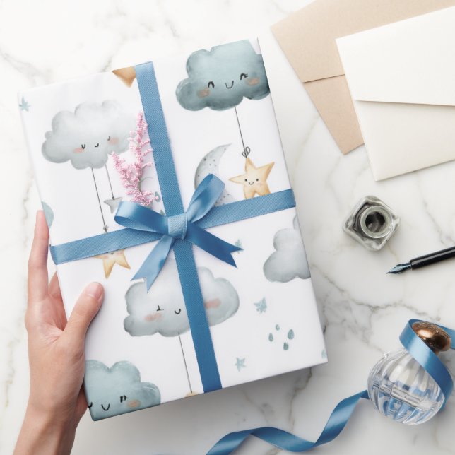 Blue and Grey Smiling Clouds Gold Stars Wrapping Paper (Gifting)