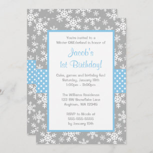 Blue and Grey Snowflakes Winter Onederland Invitation