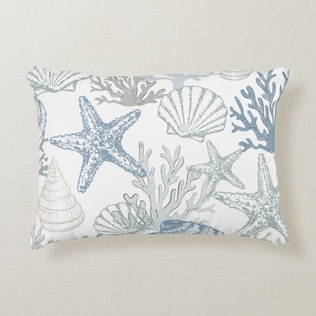 Blue And Grey Starfish Seashell Beachy Design Decorative Cushion (Front)