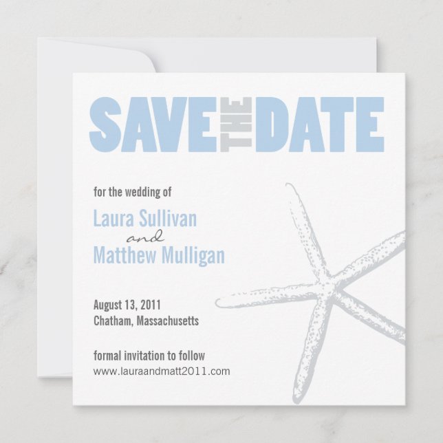 Blue and Grey Starfish Wedding Save the Date (Front)