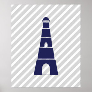 Blue and Grey Striped Nautical Lighthouse Poster