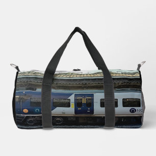 Blue and grey train duffle bag