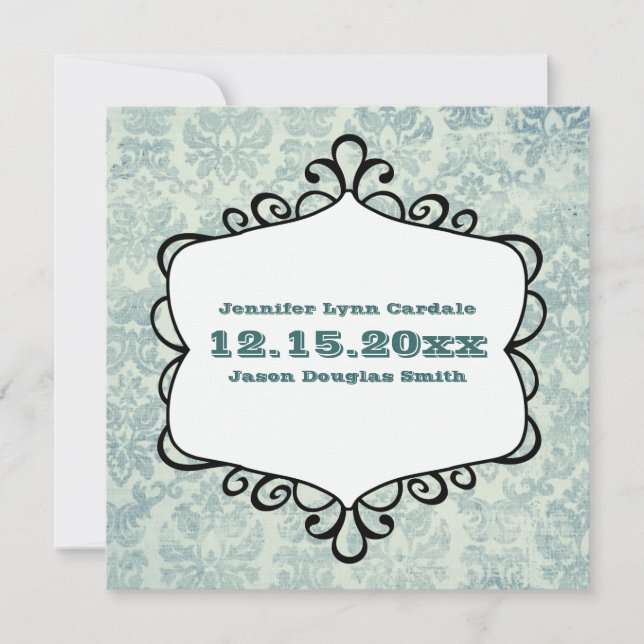 Blue and Grey Vintage Damask Wedding Invitations (Front)