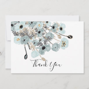 Blue And Grey Watercolor Floral Poppies Wedding Thank You Card