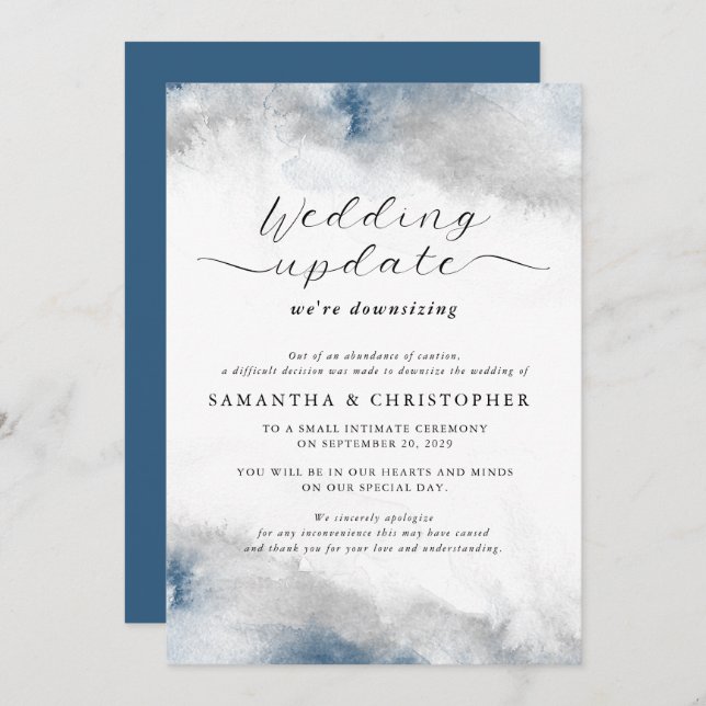 Blue and Grey Watercolor Wedding Downsizing Update Announcement (Front/Back)