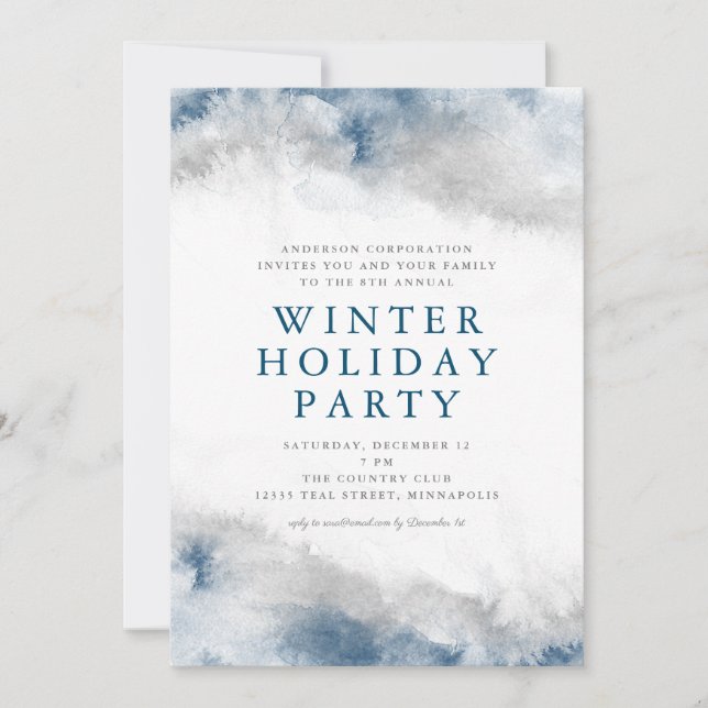 Blue and Grey Watercolor Winter Holiday Party Invitation (Front)