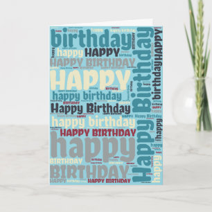 Blue and Grey Word Art Happy Birthday Card