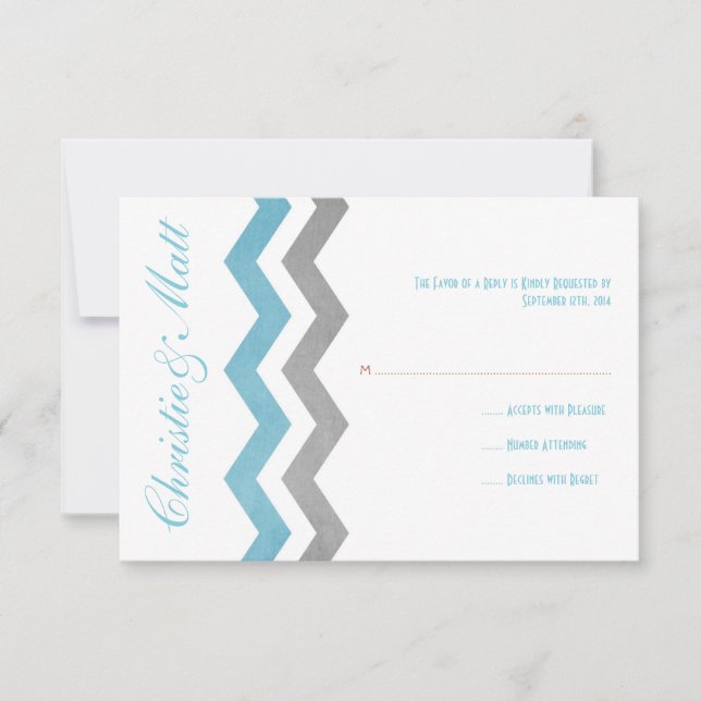 Blue and Grey Zig Zag Wedding RSVP Card (Front)