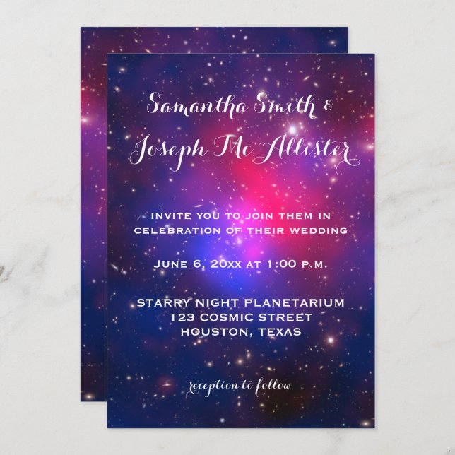 Blue and Hot Pink Galaxy Cluster Cosmic Wedding Invitation (Front/Back)