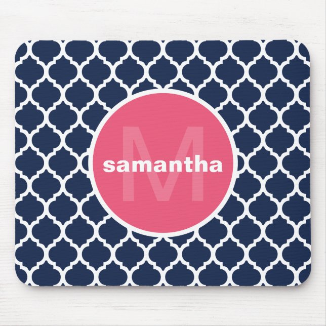 Blue and Hot Pink Quatrefoil Monogram Mouse Pad (Front)