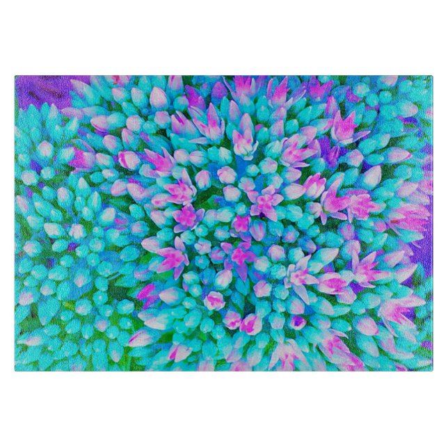 Blue and Hot Pink Succulent Sedum Flowers Detail Cutting Board (Front)