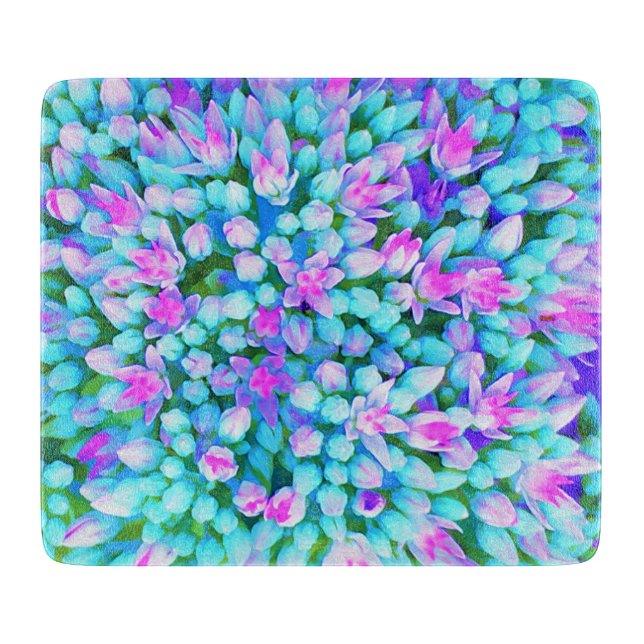 Blue and Hot Pink Succulent Sedum Flowers Detail Cutting Board (Front)