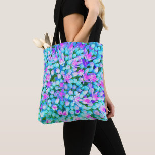 Blue and Hot Pink Succulent Sedum Flowers Detail Tote Bag