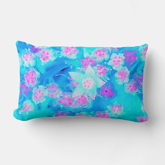 Blue and Hot Pink Succulent Underwater Sedum Lumbar Cushion (Front)