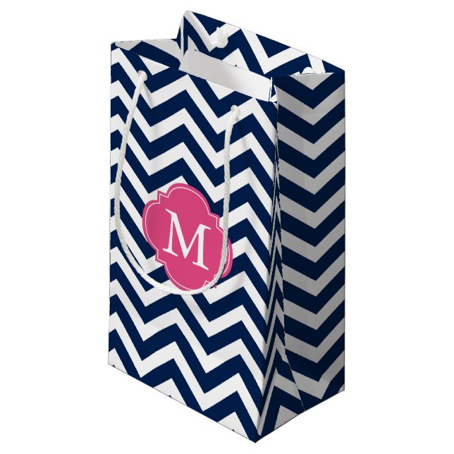 Blue and Hot Pink Zigzag Pattern Monogram Small Gift Bag (Front Angled)