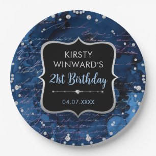 Blue and Iridescent Glitter Letters Birthday Paper Plate