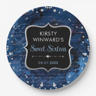 Blue and Iridescent Glitter Letters Sweet 16 Paper Plate