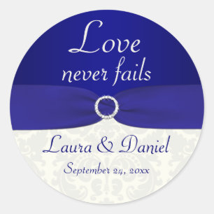 Blue and Ivory Damask 1.5" Round Wedding Sticker