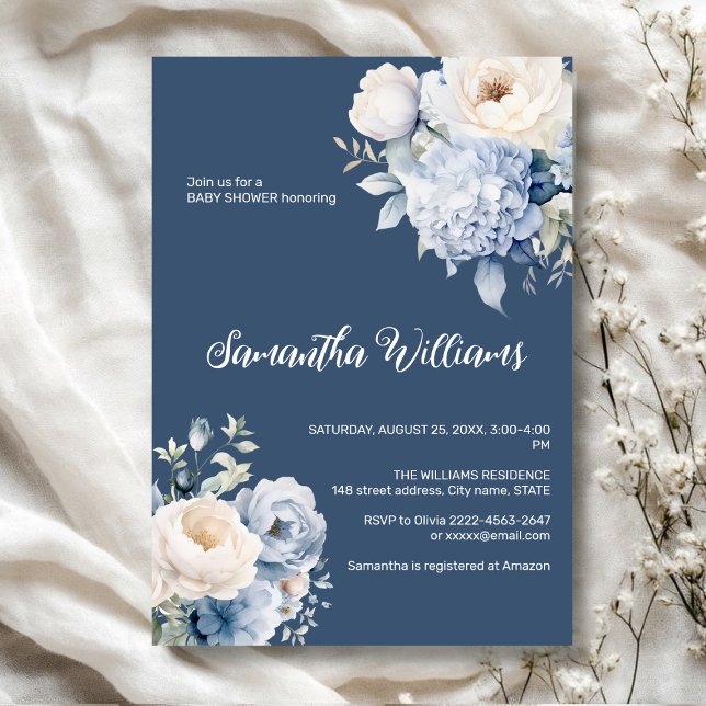 Blue and ivory floral girl baby shower invitation  (Dusty blue watercolor flowers peonies rustic gender neutral baby shower invitation )