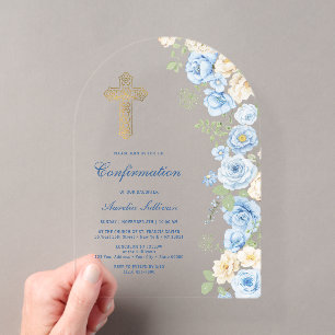 Blue and Ivory Flowers Arch Confirmation Acrylic Invitations