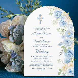 Blue and Ivory Flowers Arch Religious Wedding Invitation