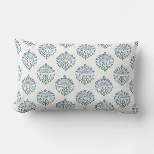 Blue and Ivory Handblock Medallion Print Lumbar Cushion