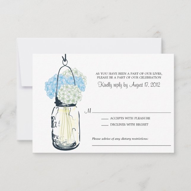 Blue and Ivory Hydrangea & Mason Jar Wedding RSVP (Front)