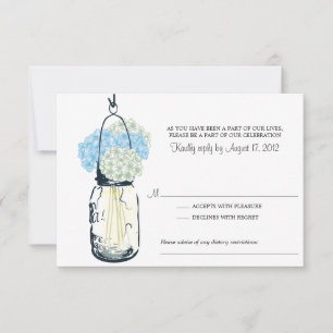 Blue and Ivory Hydrangea & Mason Jar Wedding RSVP Card