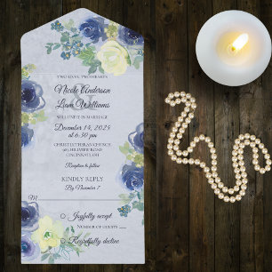 Blue and Ivory Roses on Pale Blue All In One Invitation