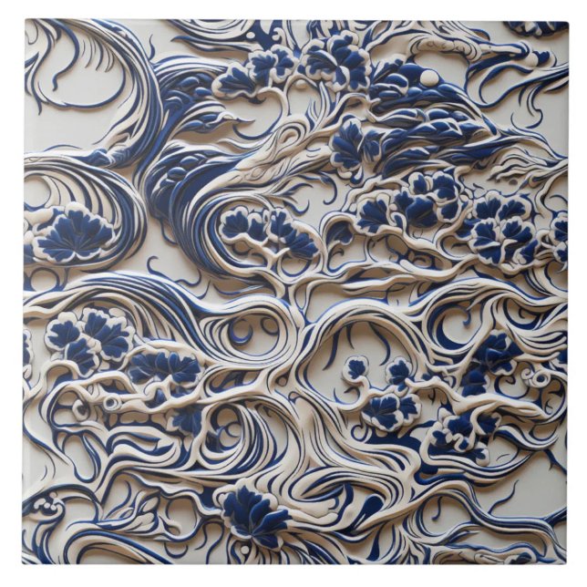 Blue and Ivory Sculptural Floral Scroll Ceramic Tile (The complete printed tile design. Tiles sold individually.)
