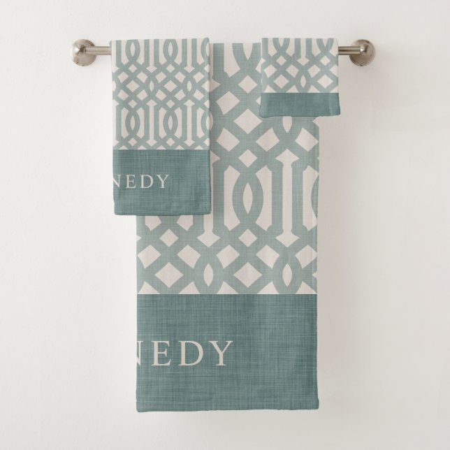 Blue and Ivory Trellis Monogram | Farmhouse Bath Towel Set (Insitu)