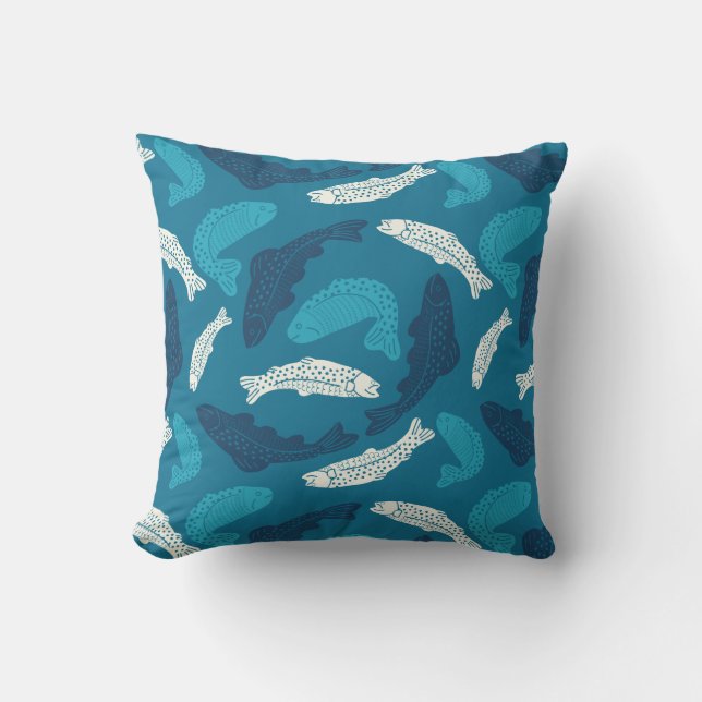 Blue and Ivory Trout, Fish Patterned Cushion (Front)