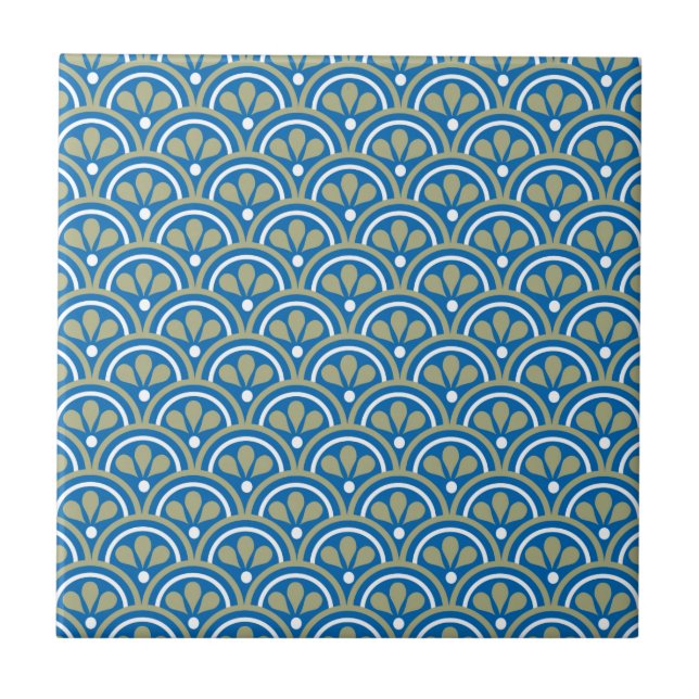 Blue And Khaki Floral Art Deco Pattern Ceramic Tile (Front)