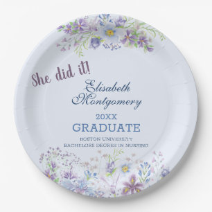 Blue and Lavender Floral Graduation Party Paper Plate
