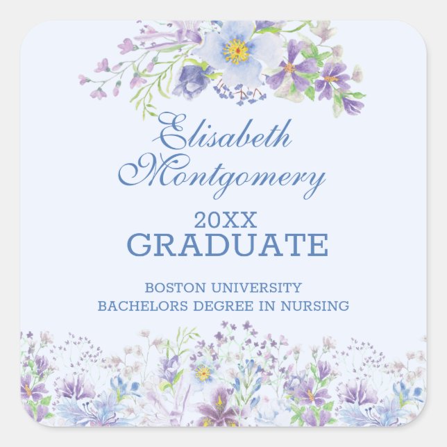Blue and Lavender Floral Graduation Sticker (Front)