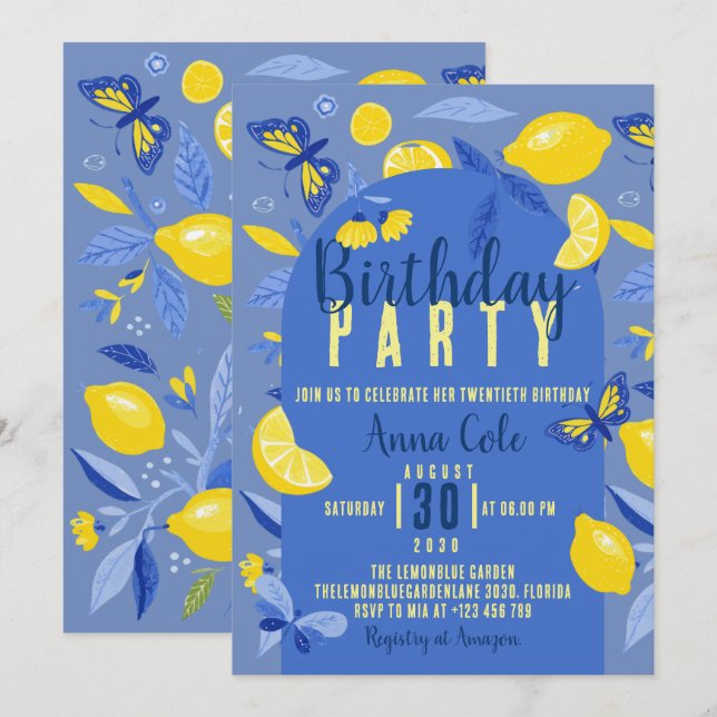 Blue and Lemon Birthday Party Modern Colourful Invitation (Front/Back)
