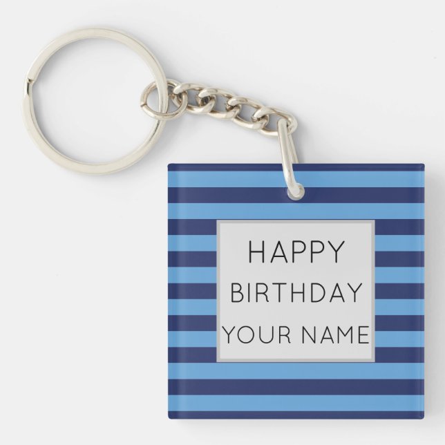 Blue And Light Blue Striped Happy Birthday Key Ring (Front)
