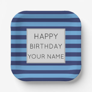 Blue And Light Blue Striped Happy Birthday Paper Plate