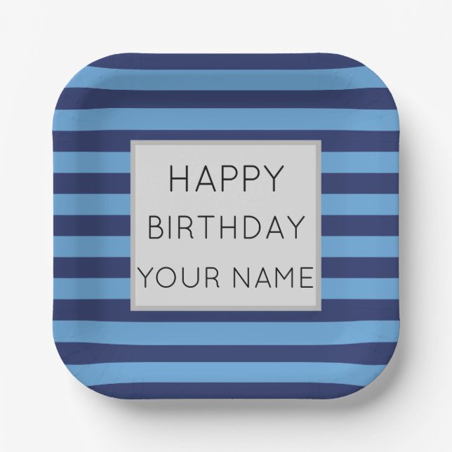 Blue And Light Blue Striped Happy Birthday Paper Plate (Front)