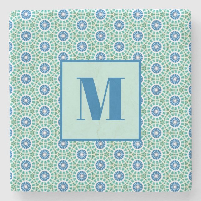 Blue and Light Turquoise Initial Stone Coaster (Front)