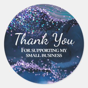 Blue and Lilac Glitter Agate Thank You Business Classic Round Sticker
