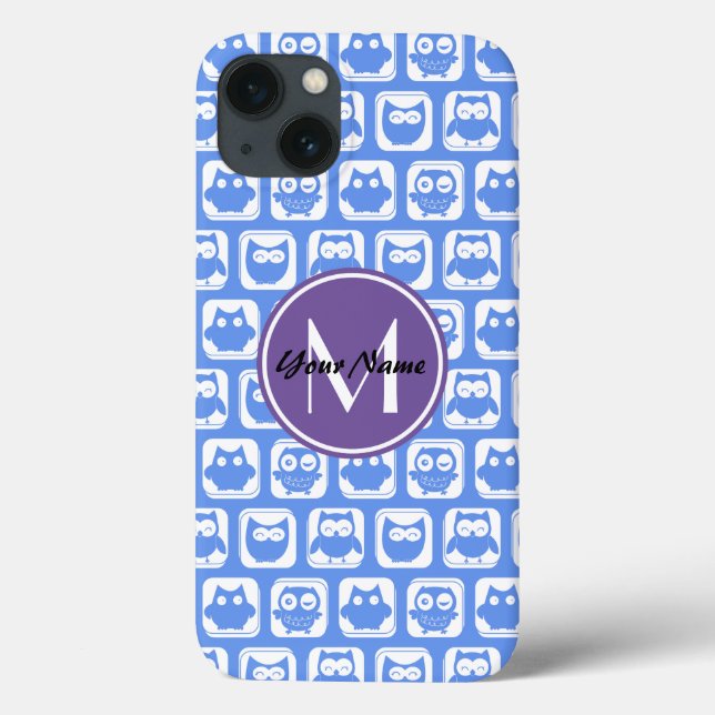 Blue and Lilac Owl Custom Monogram Personalised Case-Mate iPhone Case (Back)