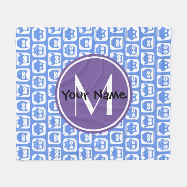 Blue and Lilac Owl Custom Monogram Personalised N1 Fleece Blanket (Front (Horizontal))