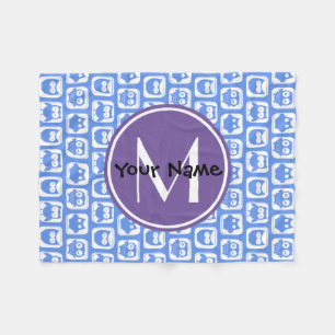 Blue and Lilac Owl Custom Monogram Personalized N1 Fleece Blanket