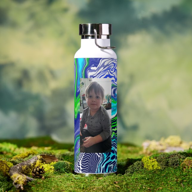 Blue and Lime Green Digital Pour Paint Personalise Water Bottle (Outdoor)