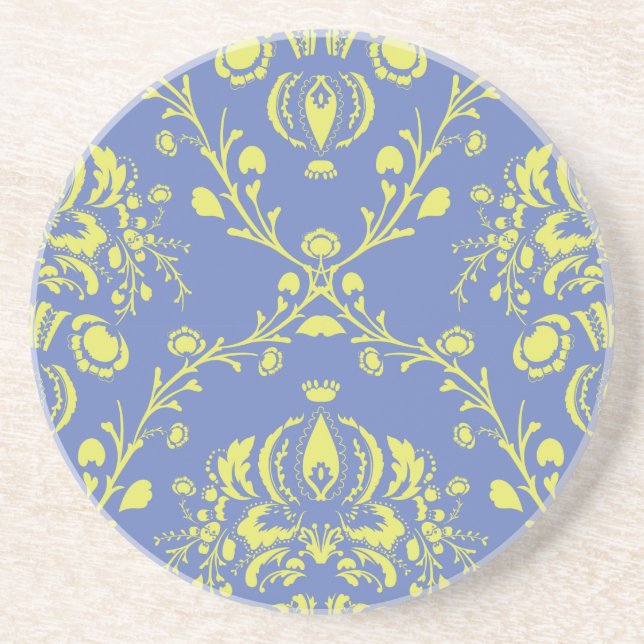 blue and lime green elegant damask coaster (Front)