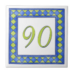 Blue and Lime Green House Number Ceramic Tile<br><div class="desc">A hand drawn blue and lime green chequered frame around a green house number on a white background with dark blue outlines.</div>