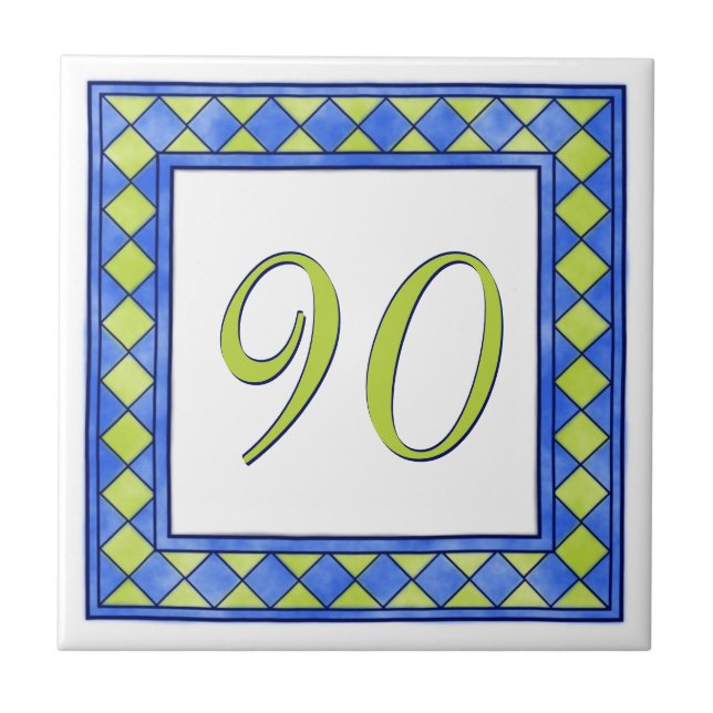 Blue and Lime Green House Number Ceramic Tile (Front)