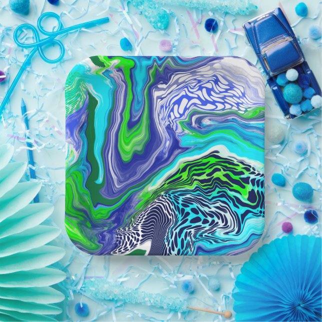 Blue and Lime Green Marble Swirls Birthday Paper P Paper Plate (Party)