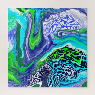 Blue and Lime Green Marble Swirls Jigsaw Puzzle